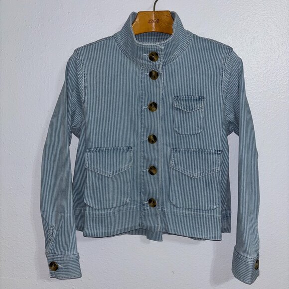 LOFT NWT Striped Denim Jean Jacket Medium Blue White Utility Button Front - Picture 1 of 14